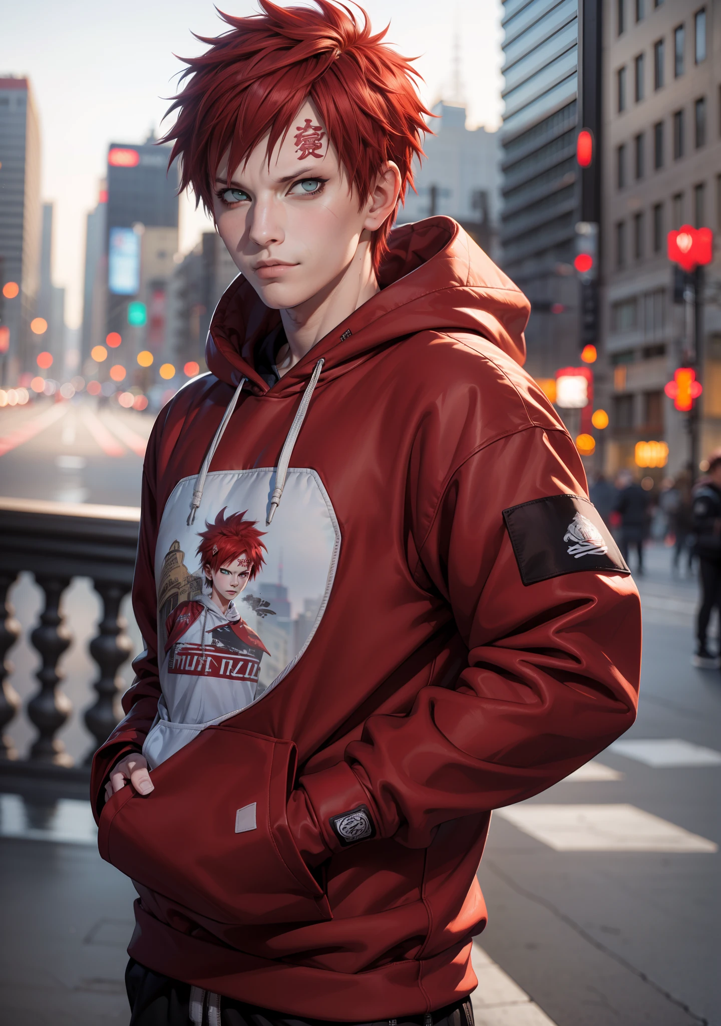 masterpiece, ultra-detailed, 1boy, male focus, upper body shot, Gaara wearing Streetwear Hoodie, red hair, look at viewer, happy face, vibrant colors, cityscape background, dinamic lighting, highly detailed face, stylish, urban style, cool attitude, bokeh, blurry background,