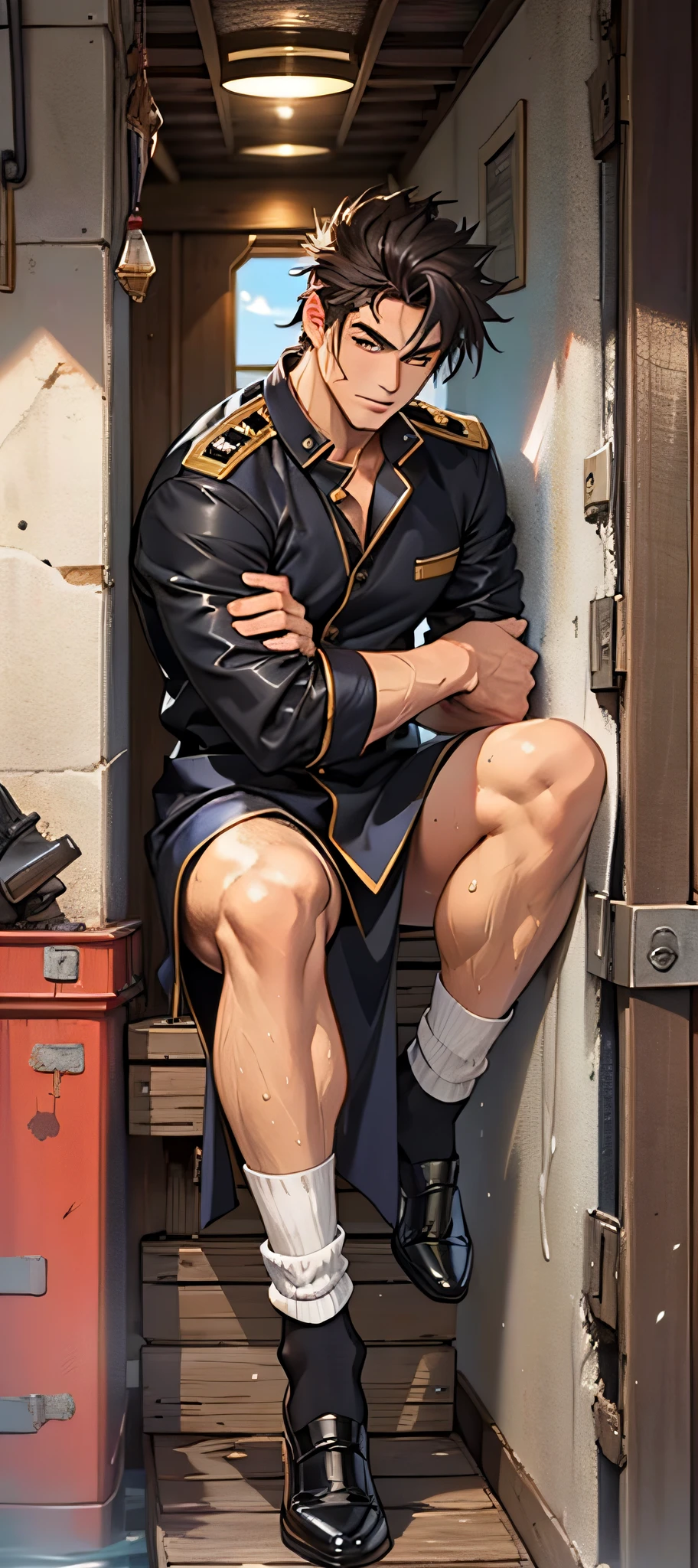 Anime character sitting on a train with his arms crossed - SeaArt AI