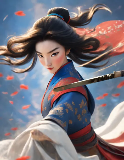 3D rendering of (Close-up of Mulan carrying a very long sword), （Close-up of the front avatar）, （Very long sword：1.37），（sword），Engraved with beautiful patterns,  (The upper body wears dark blue armor made of fish scales and iron), (The armor was also inlai...