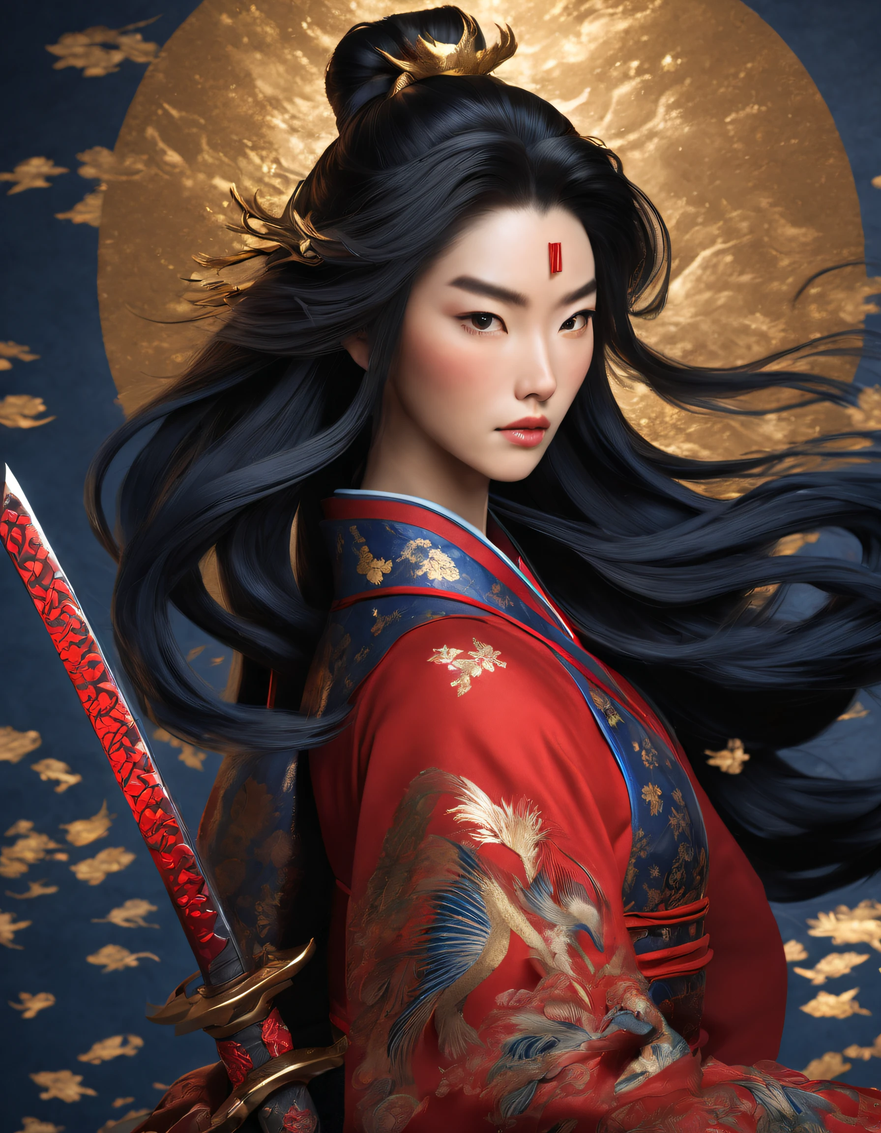 3D rendering of (Mulan wears a phoenix helmet，Close-up of dark blue armor and a sword), （Close-up of the front avatar）, sword，sword，sword，sword，（Under his neck was a sword that shone with cold light：1.37）, （Suicide by suffocation in the neck：1.3），The handle is engraved with a beautiful pattern, Very long hair, Ebony hair, Big black eyes, Long eyelashes, Sexy red lips, Resolute expression, (The upper body wears dark blue armor made of fish scales and iron), (The armor was also inlaid with golden stars), (floral embroidery: 1.2), (Cloak decorated in black and gold), disney movie《Mulan》, Martial arts, Kungfu, Chinese exquisite clothing, Wield your sword，Cut through the clouds, Stars are displayed，embroidery
background: (blood spatter：1.37），（Red Phoenix: 1.1）， Scarlet night sky, (A round of the moon,), Sand and foam spinning, Blue gas vortex, Spun sand and foam, Dusty,,{{Masterpiece}}, {{{Best quality}}},{{Ultra-detailed}}, {{illustration}},{{Disheveled hair}},{{Masterpiece}},{{{Best quality}}},{{Ultra-detailed}}, {{{illustration}}},{{Disheveled hair}},Clear facial features,close up photograph,black ink painting,Aubrey Beardsley（Aubrey Beardsley）a beautiful painting,Alphonse Mucha,Pixar style,Cartoon style,beatrix potter （beatrix potter） 's illustration,Refined atmosphere,Intense atmosphere, microscopic view,Close-up(CU),Extreme closeup,back Lighting,