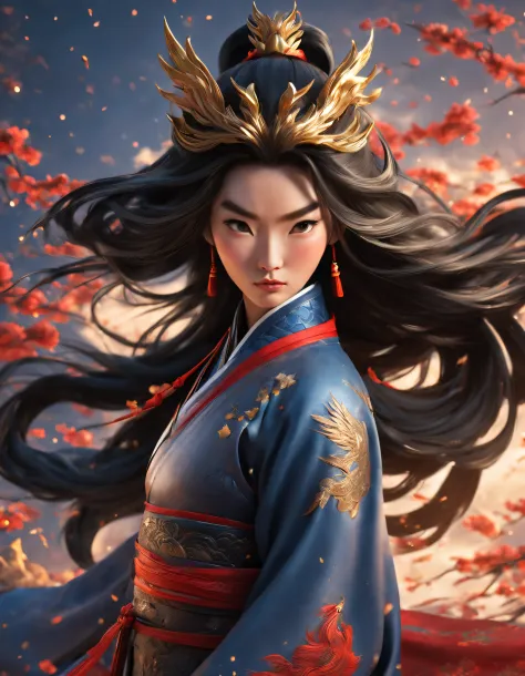 3d rendering of (mulan wears a phoenix helmet，close-up of dark blue armor and a sword), （close-up of the front avatar）, sword，sw...