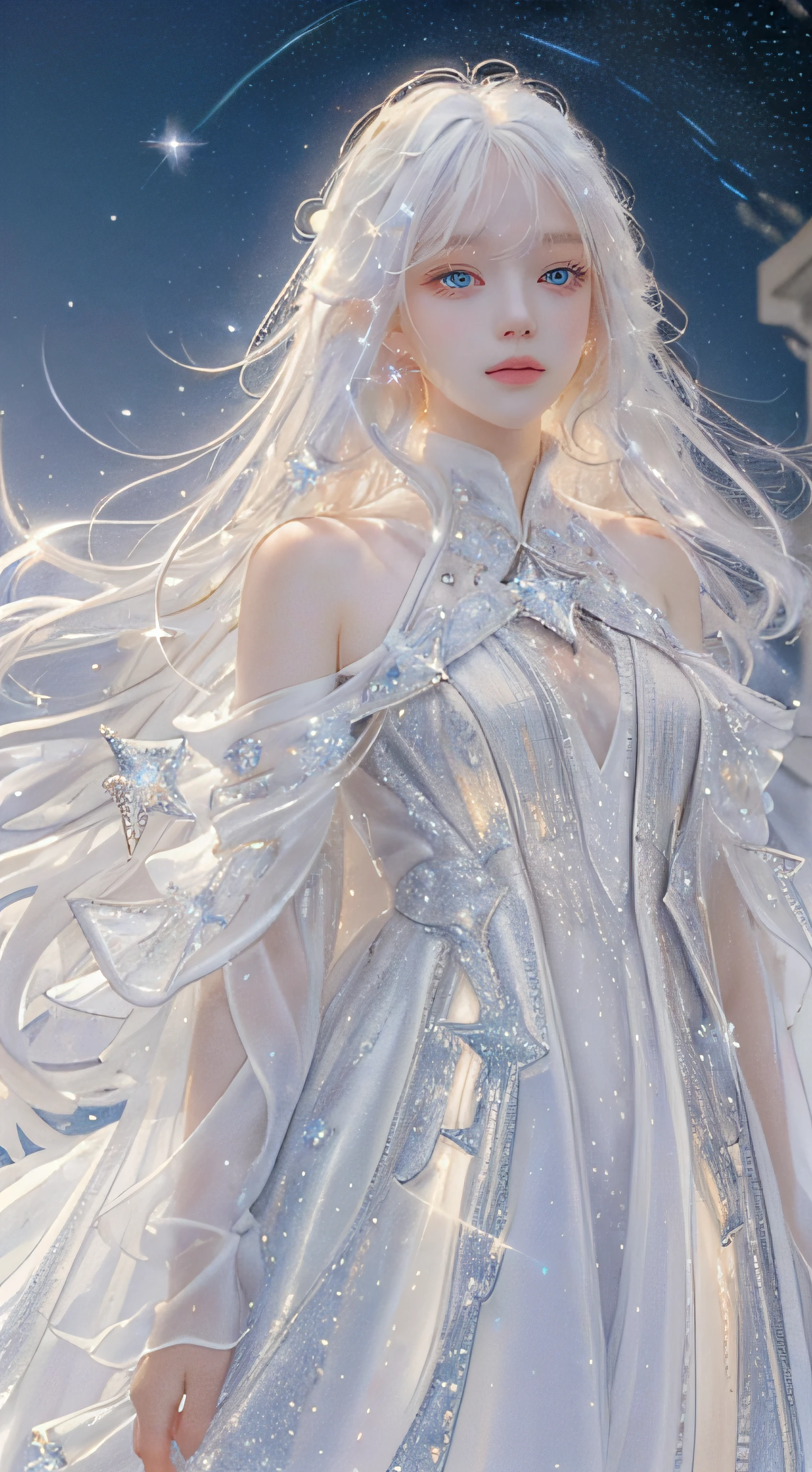 Masterpiece, Best quality,A high resolution, 1girll, (Long_White_Hair:1.2), Stars in Eyes, Messy floating hair, White color hair, Starry sky adorns hair, rip, See_Through, (((shimmering dazzling lighting))), (luminous), detailed shadow, meteors,stars, Star in white dress, tailcoat,