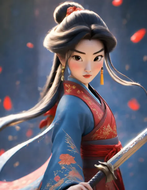 3D rendering of (Close-up of Mulan holding a very long sword), （Close-up of the front avatar）, （Very long sword：1.37），（Sword），En...