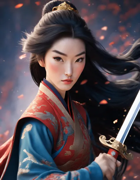 3D rendering of (Close-up of Mulan holding a very long sword), （Close-up of the front avatar）, （Very long sword：1.37），（Sword），Engraved with beautiful patterns,  (The upper body wears dark blue armor made of fish scales and iron), (The armor was also inlaid...