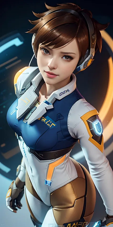(Overhead view),dynamic angle,ultra-detailed, illustration, close-up, straight on, 1girl, 
 ((Tracer from Overwatch, interface headset, white bodysuit:1.4, brown hair)),Her eyes shone like dreamy stars,(glowing eyes:1.233),(beautiful and detailed eyes:1.1),(playful smile),(active pose),
(night:1.2),dreamy, [[delicate fingers and hands:0.55]::0.85],(detail fingers),