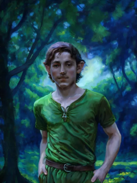 Impressionist painting of an 11-year-old boy in a green shirt standing in a forest, Retrato de um jovem mago elfo, elfo masculin...