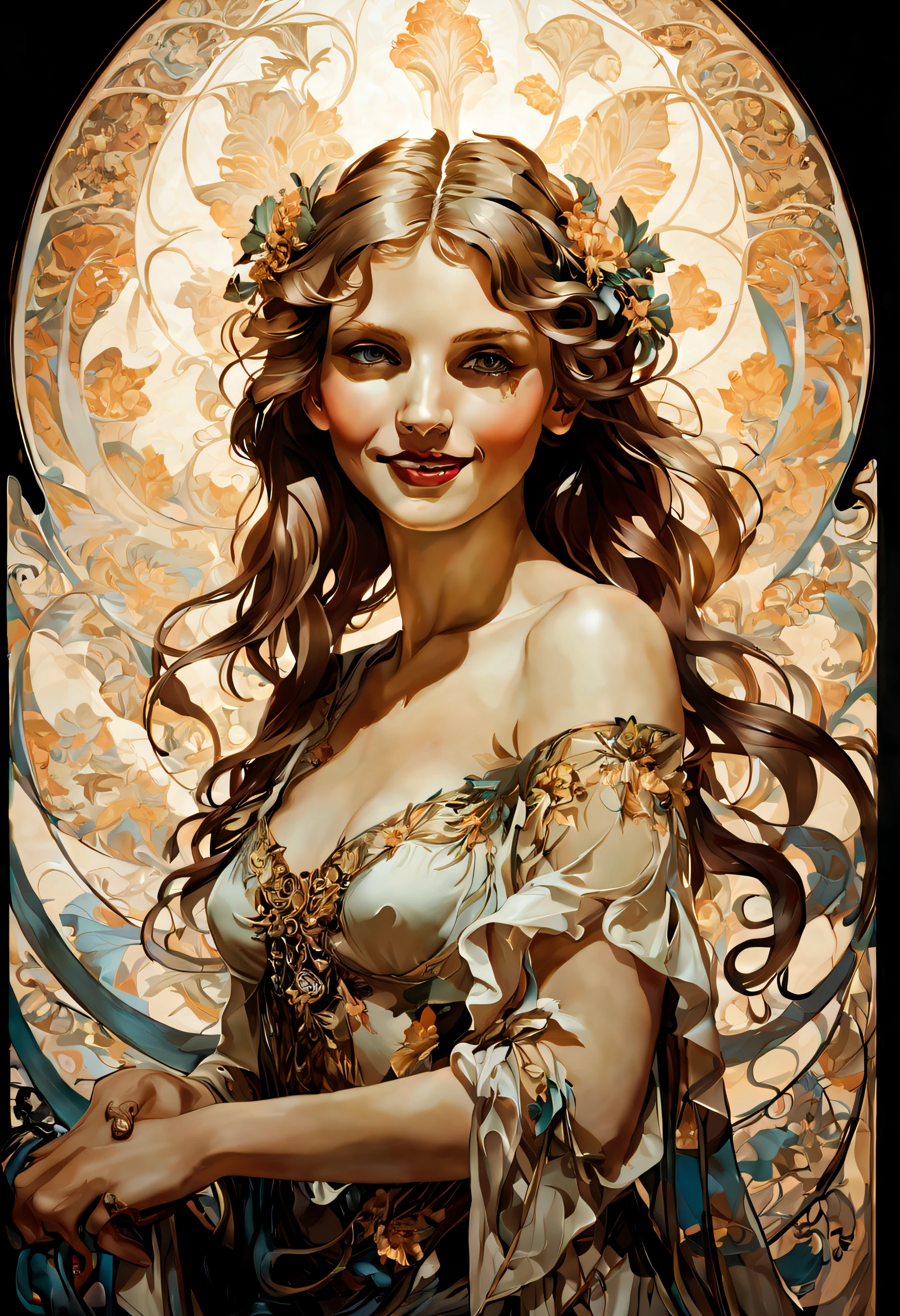 (evil smile:1.1,Contemporary art:1.1,by Alfons Mucha,backlighting:1.1,best quality,ultra-detailed,realistic)

A girl with an evil smile standing confidently in a dark room, illuminated by a soft backlight. Her smile is mischievous and captivating, with a hint of wickedness. The art style of the image is reminiscent of the works of Alfons Mucha, with intricate details and flowing lines. The girl's expression is the focal point, highlighting her mysterious and alluring nature. The use of backlighting creates a dramatic effect, casting long shadows and emphasizing the contours of her face. The image is of the highest quality, with ultra-detailed features and a photorealistic rendering. The colors used are vivid and rich, adding depth and intensity to the scene. The overall lighting is carefully designed, with a play of light and shadow that adds to the atmosphere of the image.