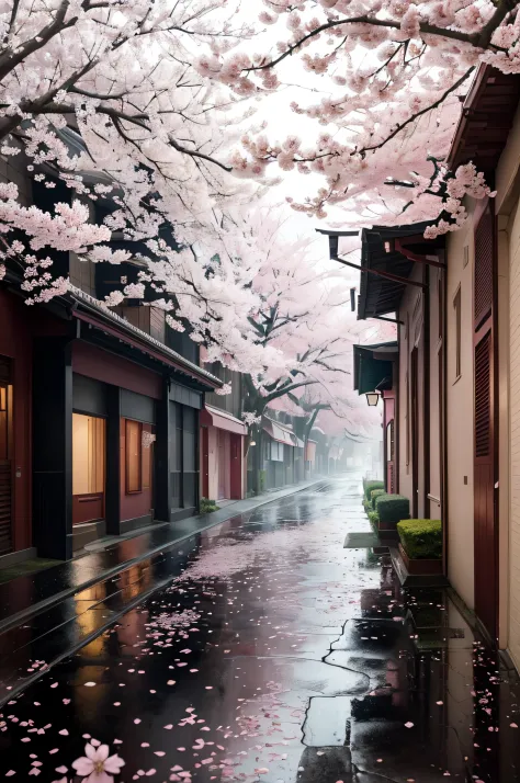 Capture the ethereal essence of a rain-soaked street beneath a heavy, gray sky, where pink cherry blossom trees stand tall, thei...