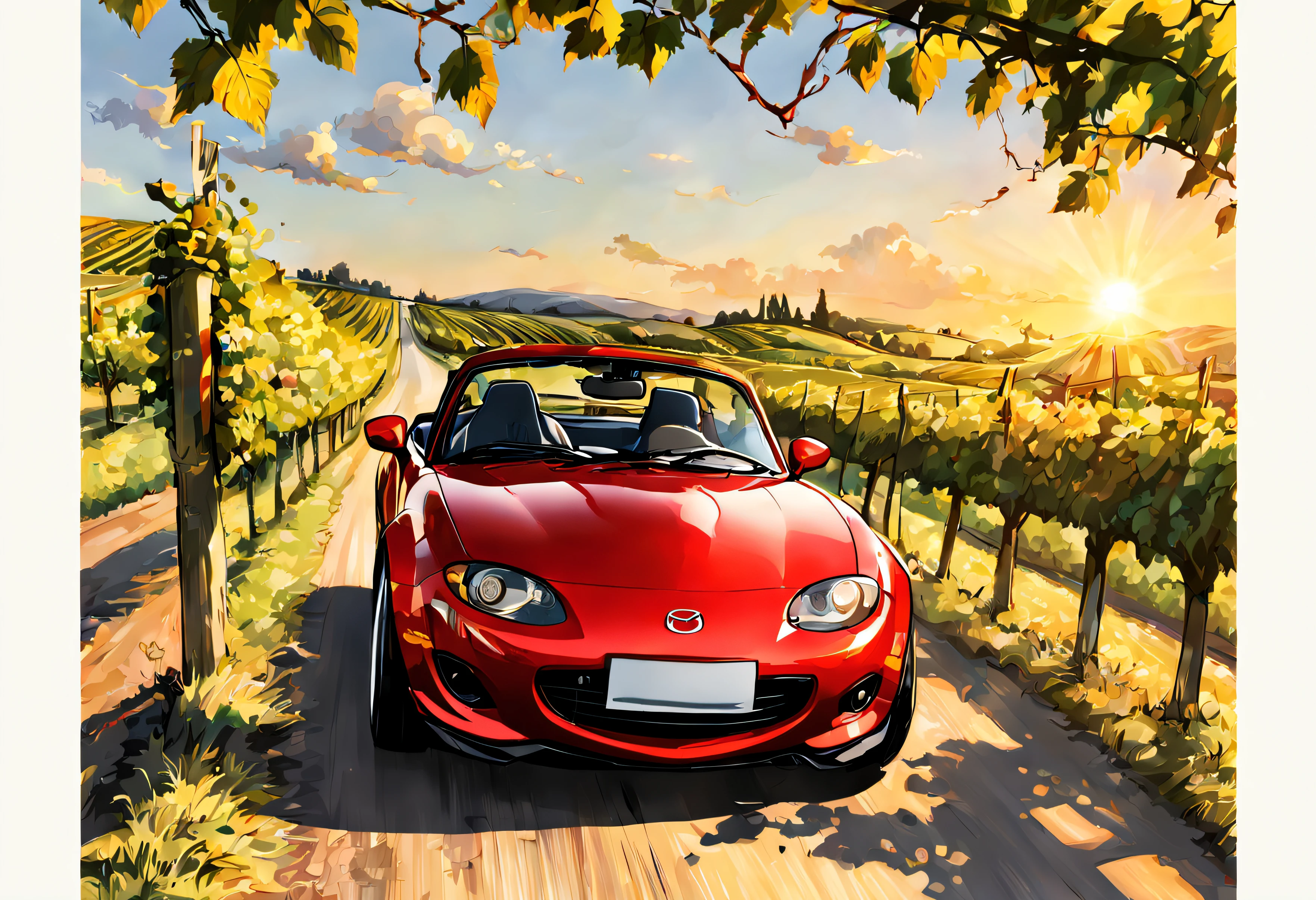 Mazda mx5 nb, roule dans les vignes, avec du soleil, effet dessin style manga
