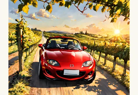 mazda mx5 nb, roule dans les vignes, avec du soleil, effet dessin style manga