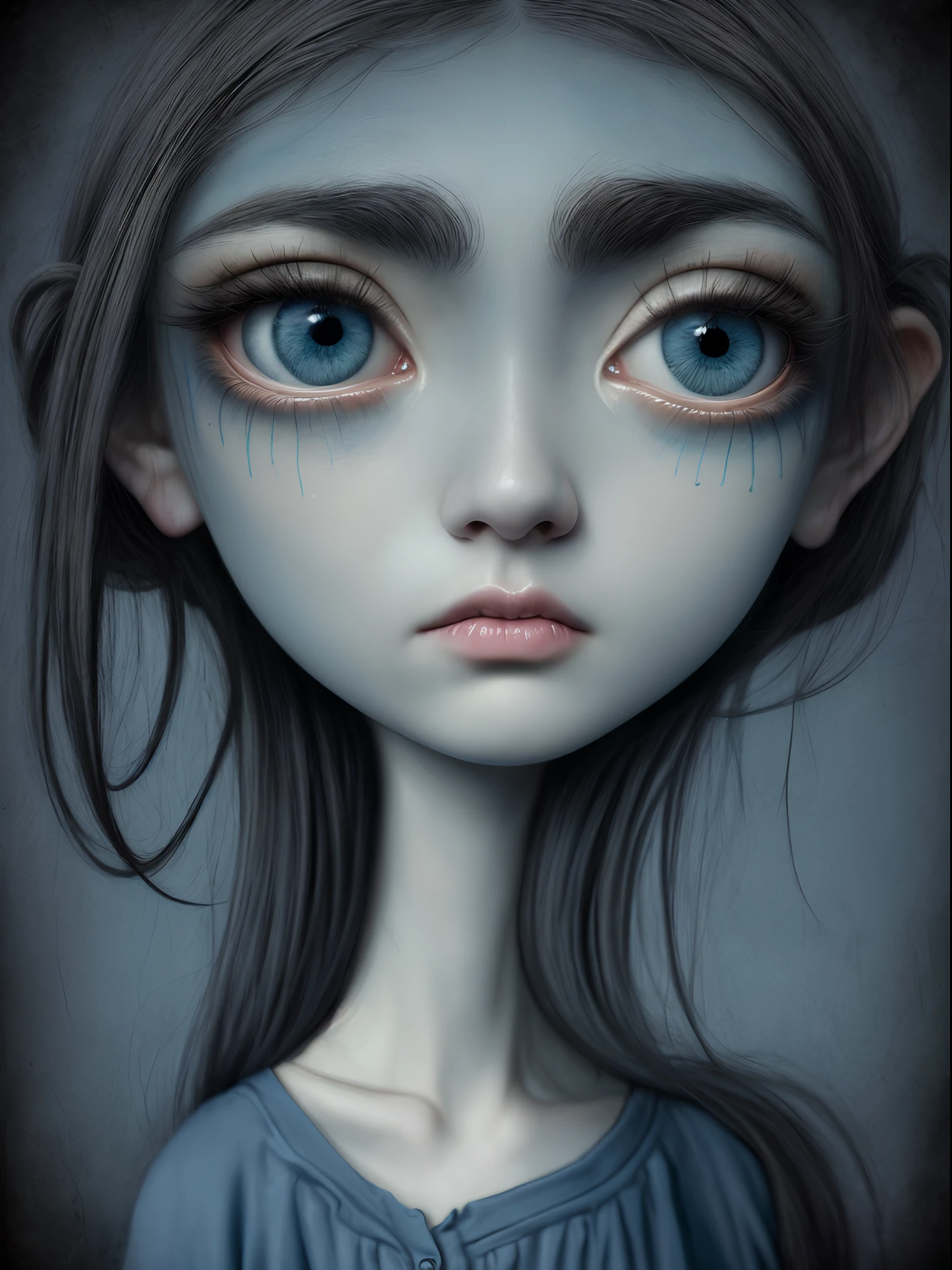 Gros plan d&#39;une fille très triste aux cheveux longs (rubis) Et les grands yeux bleus montrant d&#39;énormes ((seins)), Anton Semenov, Mark Ryden très détaillé, Stylisé par Mark Ryden, Mark Ryden dans le style de, Stylisé par Mark Ryden, inspiré par Mark Ryden, Naoto Hattori, Adorable peinture numérique, beau visage. SombreFantastique, Wlop Loish et style de serrage, nu