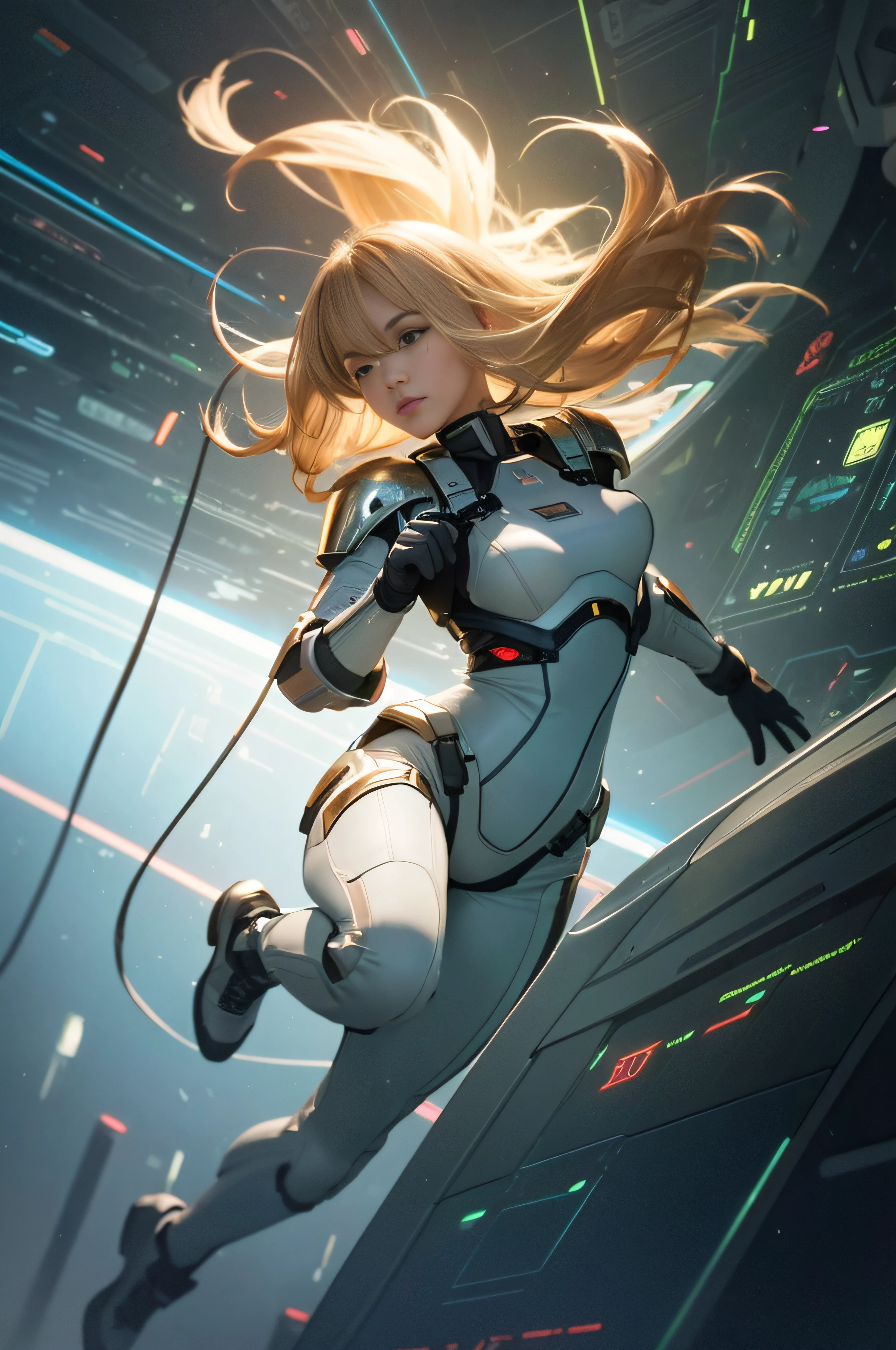 RAW image quality、8K分辨率、of the highest quality, Ultra High Resolution, (Photorealistic: 1.4), Jumpsuit, Sci-fi spaceship interior background, Circuit Plate Mail, medium breasts, Real world, weightless, Floating hair, Outdoors, Light hair, s Armor, spaces, knight,