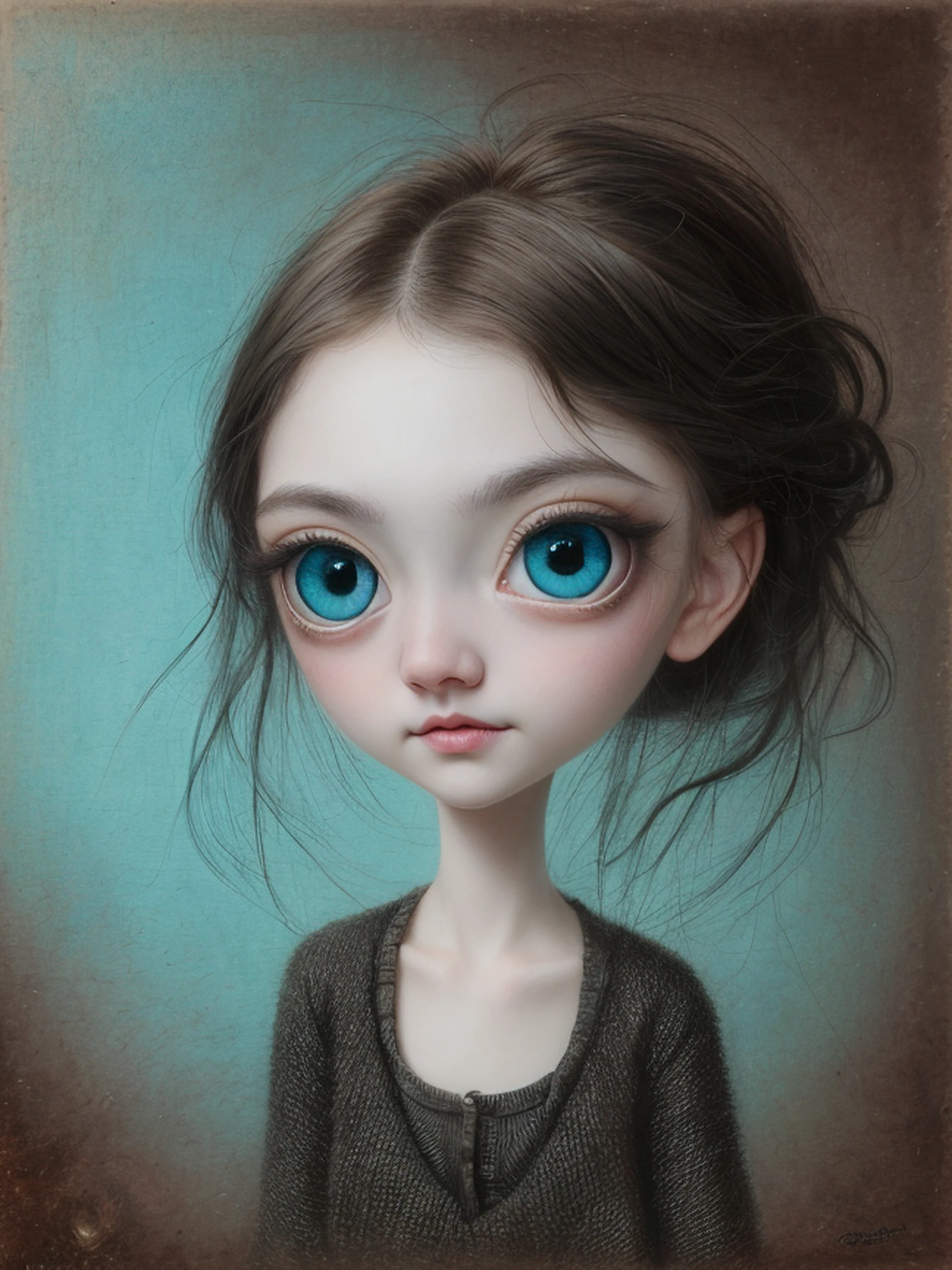 Gros plan d&#39;une fille très triste aux cheveux longs (rubis) Et les grands yeux bleus montrant d&#39;énormes ((seins)), Anton Semenov, Mark Ryden très détaillé, Stylisé par Mark Ryden, Mark Ryden dans le style de, Stylisé par Mark Ryden, inspiré par Mark Ryden, Naoto Hattori, Adorable peinture numérique, beau visage. SombreFantastique, Wlop Loish et style de serrage, nu