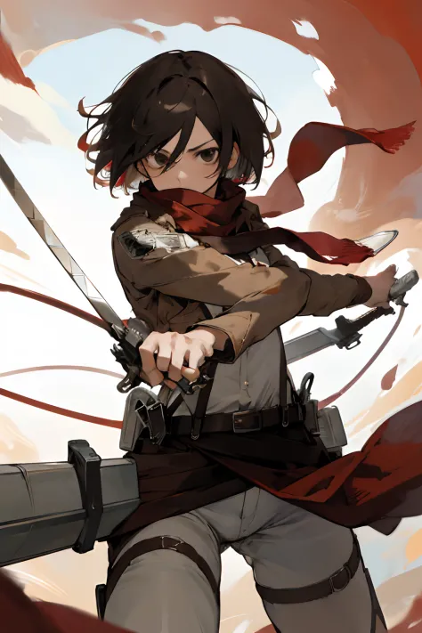masterpiece, best quality, highres, hmmikasa, short hair, black eyes, scarf, emblem, belt, thigh strap, red scarf, white pants, brown jacket, long sleeves, holding weapon, sword, dual wielding, three-dimensional maneuver gear, fighting stance, sky,