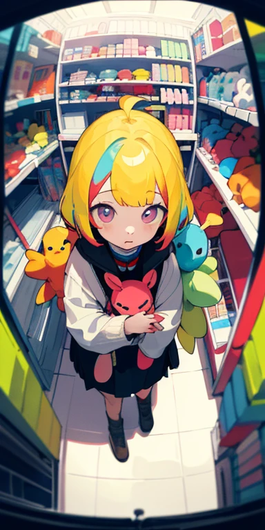 (masterpiece, best quality), (colorful:1.4), from above, solo, 1girl standing in a store with lots of stuffed animals on the shelves and a bag of stuff, depth of field, fisheye lens