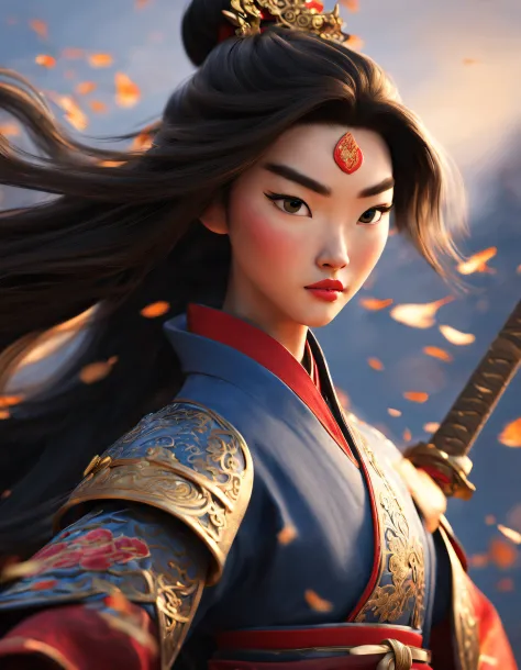 3D rendering of (Close-up of Mulan and the sword), （Very long sword），（Sword），The upper body wears dark blue armor made of fish s...