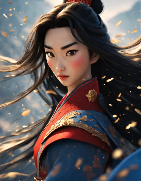 3D rendering of (Close-up of Mulan and the sword), （Very long sword），（Sword），The upper body wears dark blue armor made of fish scales and iron， The armor was also inlaid with golden stars，floral embroidery，Cloak decorated in black and gold， Very long hair,...