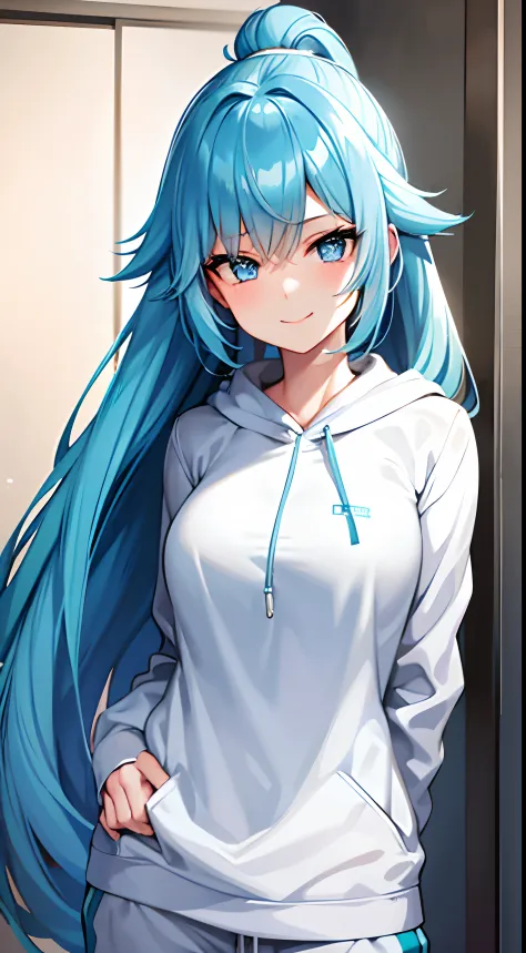 A girl with Aqua Blue Hair, Aqua blue eyes, Long Hair, Single Pony Tail, Wearing a White Hoodie and Track pants, smiling Portrait Picture, Anime Wallpaper