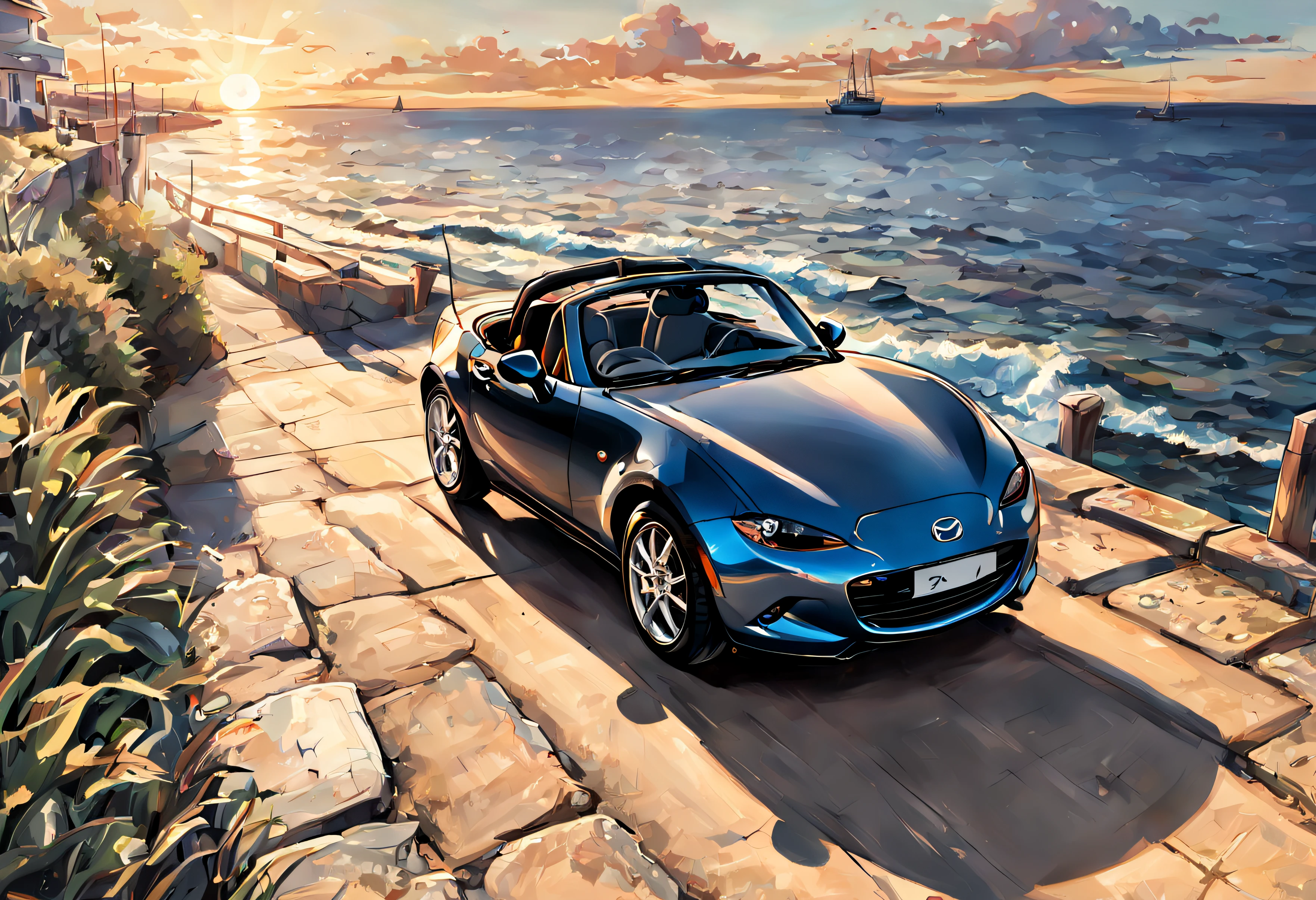 Mazda mx5, roule en bord de mer, avec du soleil, style dessin manga