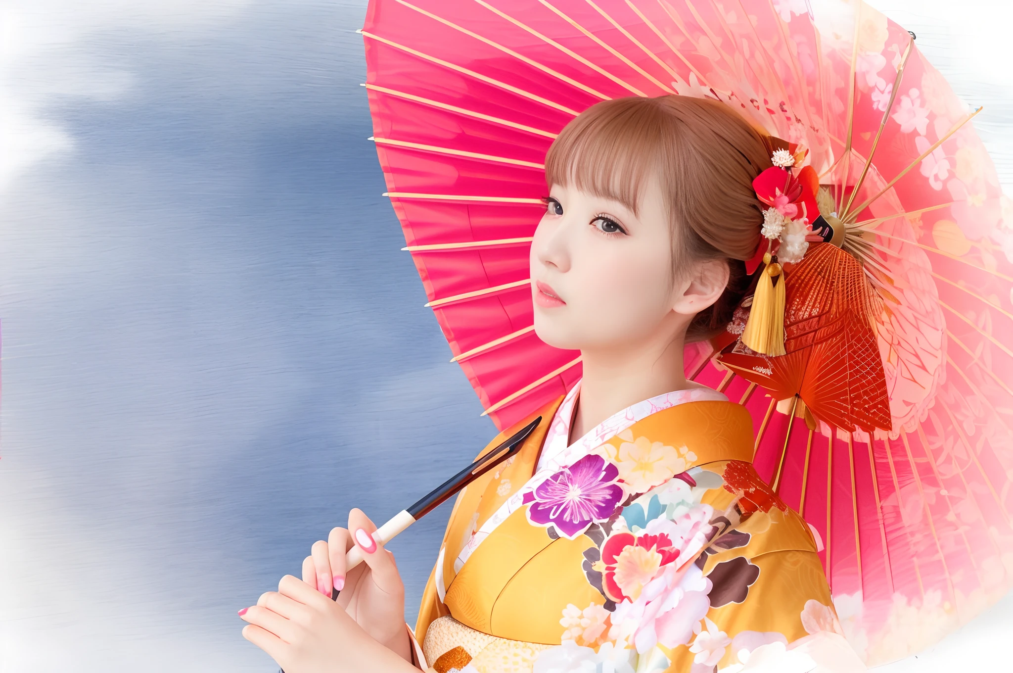 There is a woman em um quimono holding a red umbrella, em um quimono, vestindo quimono real, quimono, em um quimono, vestindo quimono, quimono japonês, vestindo um quimono, quimono vermelho, Um estilo japonês, quimono claro e colorido,((grandes olhos lindos)),lábios abertos, retrato de foto de gueixa, shikami, roupão de banho, Sakimichan, Ayaka, japonês tradicional