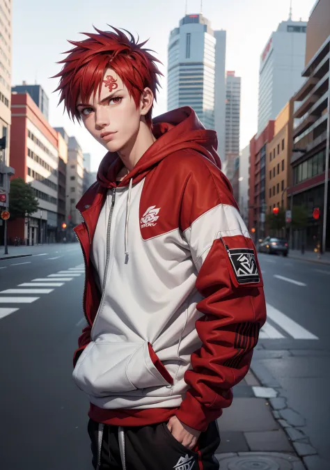 masterpiece, ultra-detailed, 1boy, male focus, upper body shot, Gaara wearing Streetwear Hoodie, red hair, look at viewer, happy...