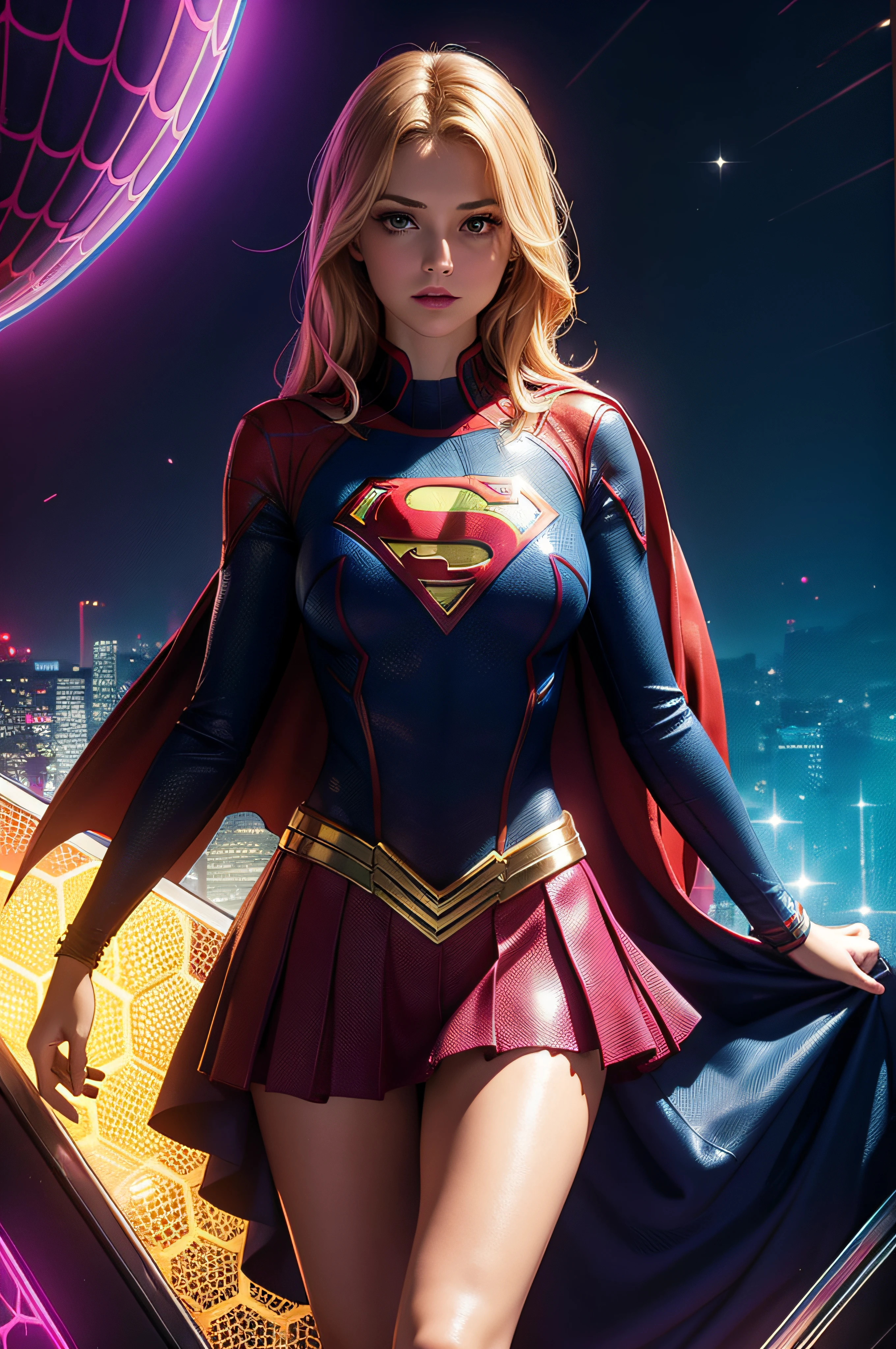 Supergirl dans le style de Spider-Man, Masterpiece, Best quality, abstrait, psychedelic, neon light, (honeycomb pattern), (Creative:1.3), sy3, SMM, fantaisie00d