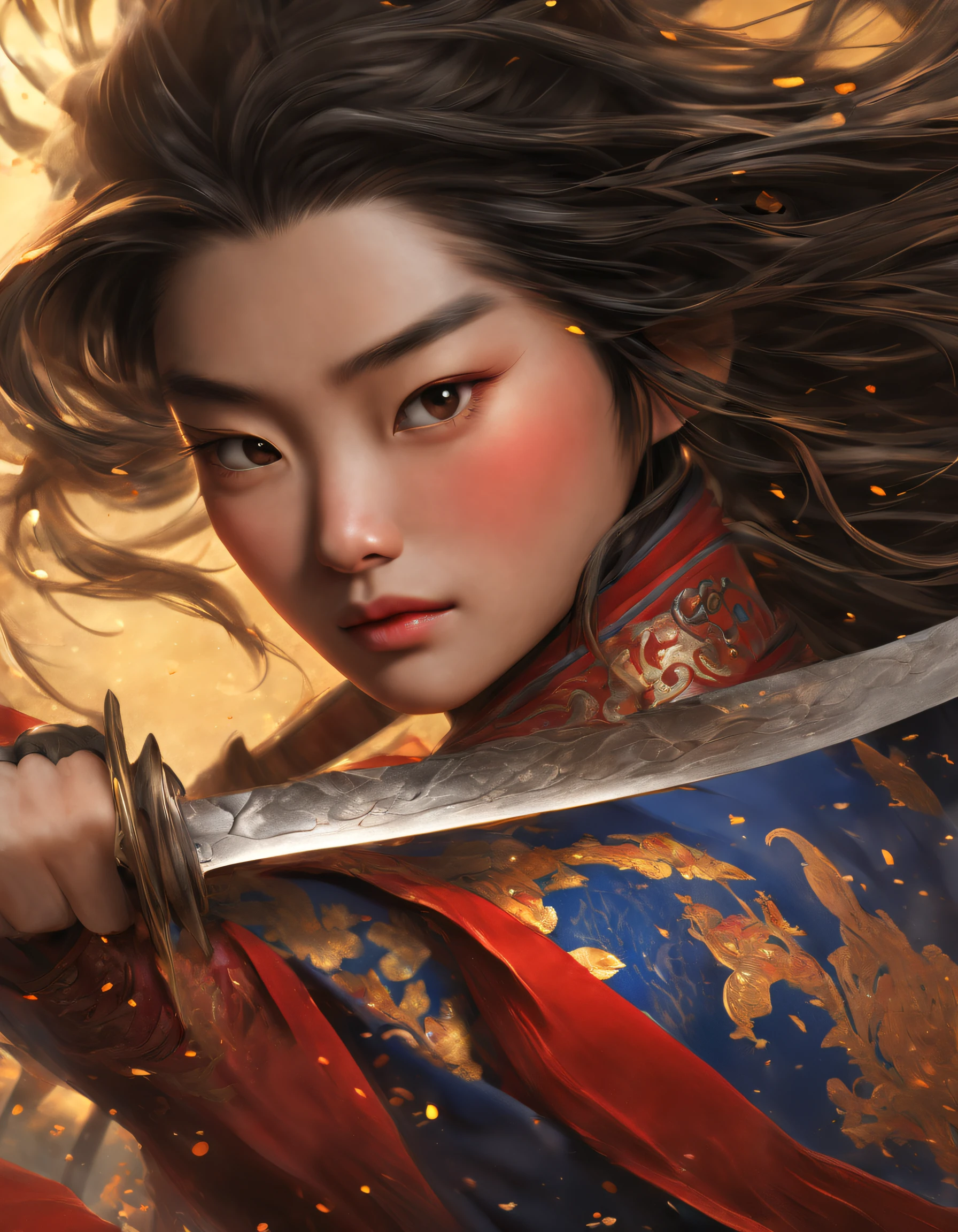 3D rendering of (Close-up of Mulan holding a sword), （Very long big ...