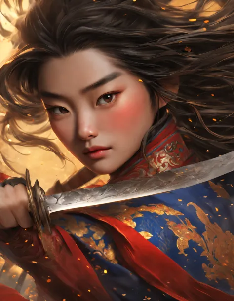 3D rendering of (Close-up of Mulan holding a sword), （Very long big sword），（sword：1.2），The upper body wears dark blue armor made...