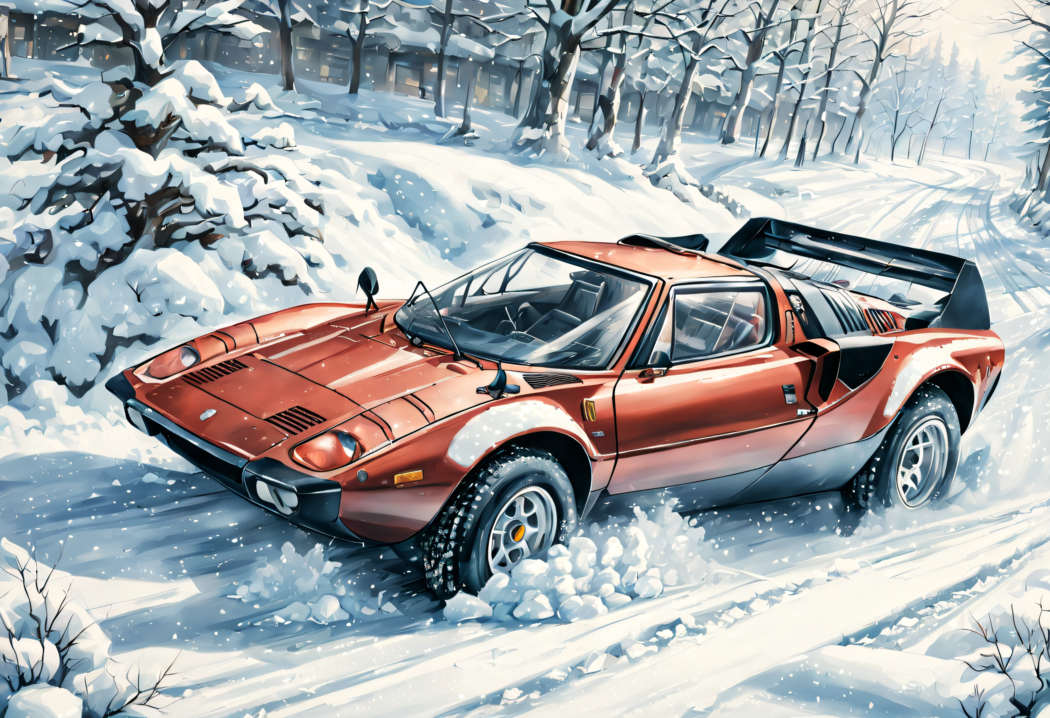 Lancia Stratos, едет по снегу, стиль рисования манги, Реалистичный