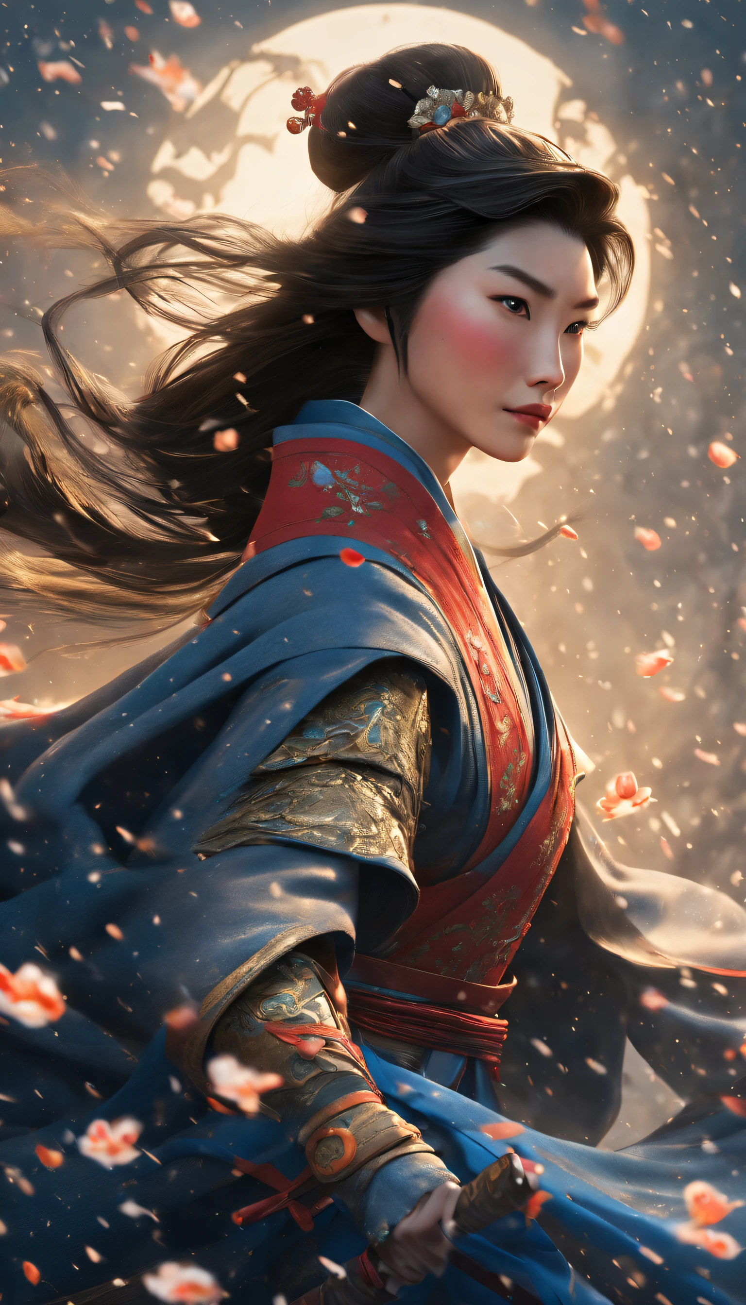 3D rendering of (Close-up of Mulan holding a sword), （Very long big sword），（With a sword），The upper body wears dark blue armor made of fish scales and iron， The armor was also inlaid with golden stars，floral embroidery，Cloak decorated in black and gold， Very long hair, Ebony hair, Big black eyes, Long eyelashes, Sexy red lips, Resolute expression, disney movie《Mulan》, Martial arts, Kungfu, Chinese exquisite clothing, Wield your sword，Cut through the clouds, As estrelas，embroidery
background: It was snowing heavily，It was snowing heavily，It was snowing heavily，It was snowing heavily, Dusty
{{Masterpiece}}, {{{Best quality}}},{{Ultra-detailed}}, {{illustration}},{{Disheveled hair}},{{Masterpiece}},{{{Best quality}}},{{Ultra-detailed}}, {{{illustration}}},{{Disheveled hair}},Clear facial features,close up photograph,,Alphonse Mucha,Pixar style,Cartoon style,beatrix potter  ,Refined atmosphere,Intense atmosphere, microscopic view,Close-up(CU),Extreme closeup,back Lighting,