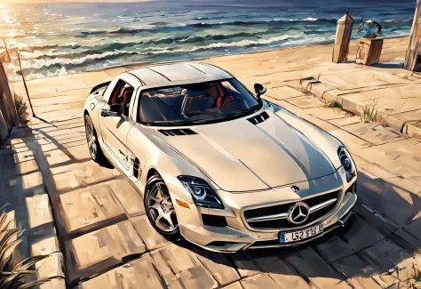 mercedes sls, roule en bord de mer, avec du soleil, style dessin manga, realstic, distant view