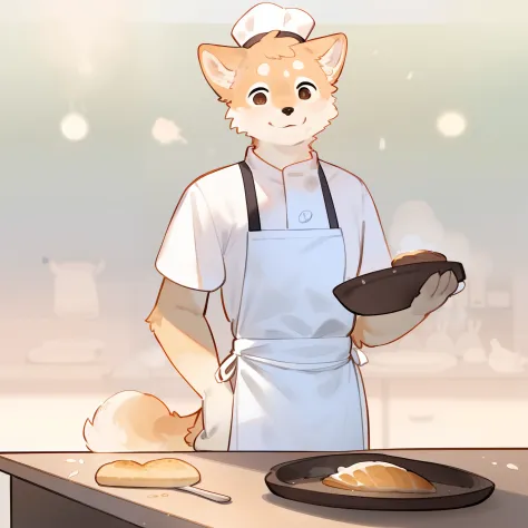 By bebebebebe, by spuydjeks, by buta99, by spikedmauler. furry male shiba inu, works as a chef,illustration,pastel colors,vibrant and lively,realistic lighting,detailed fur texture,cute chef hat,cute apron,holding a spatula and a pot,cooking a delicious meal,baking bread with a smile,flour and ingredients scattered on the counter,(best quality,4k,8k,highres,masterpiece:1.2),ultra-detailed,professional,bokeh
