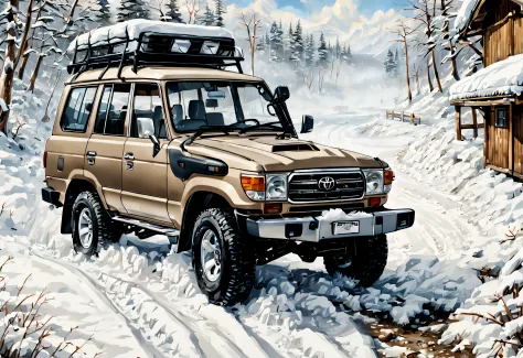 toyota land cruiser, roule sur la neige, style dessin manga, realstic, distant view