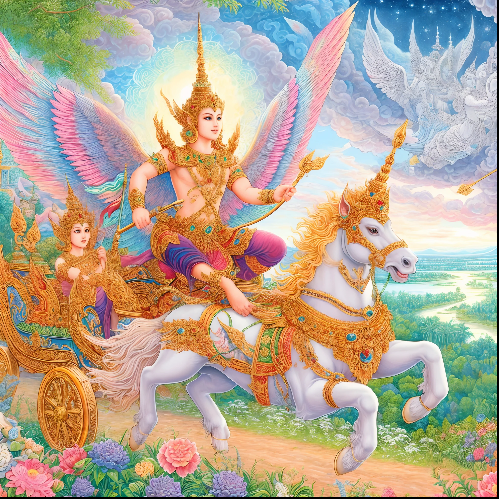 painting of a woman riding a horse with a chariot with angels, thailand ...