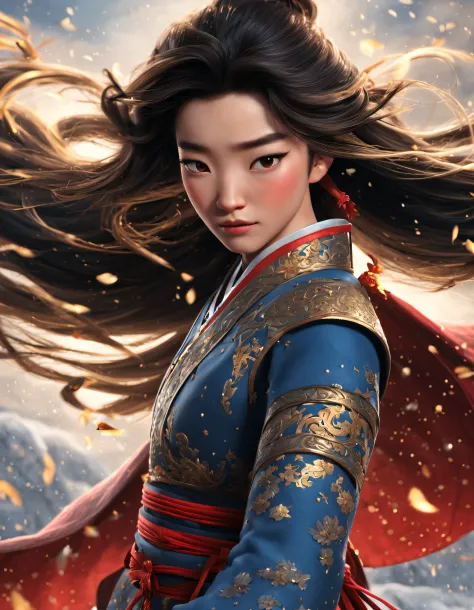 3D rendering of (Close-up of Mulan and the sword), （Very long sword），（Wielding a sword），The upper body wears dark blue armor made of fish scales and iron， The armor was also inlaid with golden stars，floral embroidery，Cloak decorated in black and gold， Very...