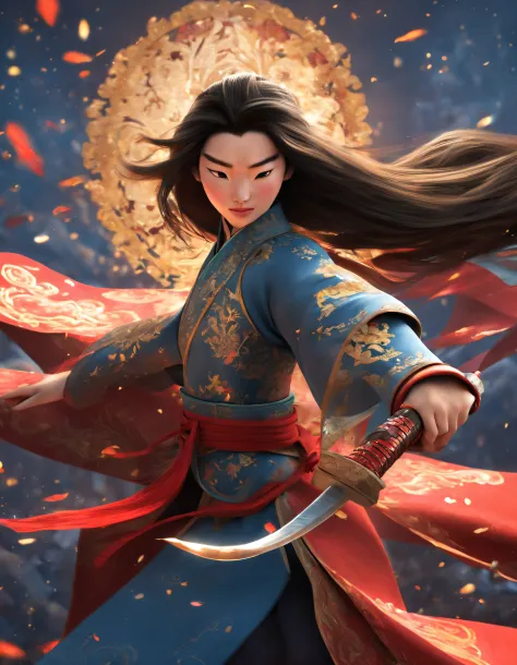 3D rendering of (Close-up of Mulan holding a sword), （Very long big sword），（sword：1.2），（A sword that glows with cold light），（A s...