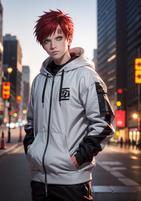 masterpiece, ultra-detailed, 1boy, male focus, upper body shot, Gaara wearing Streetwear Hoodie, red hair, look at viewer, happy...