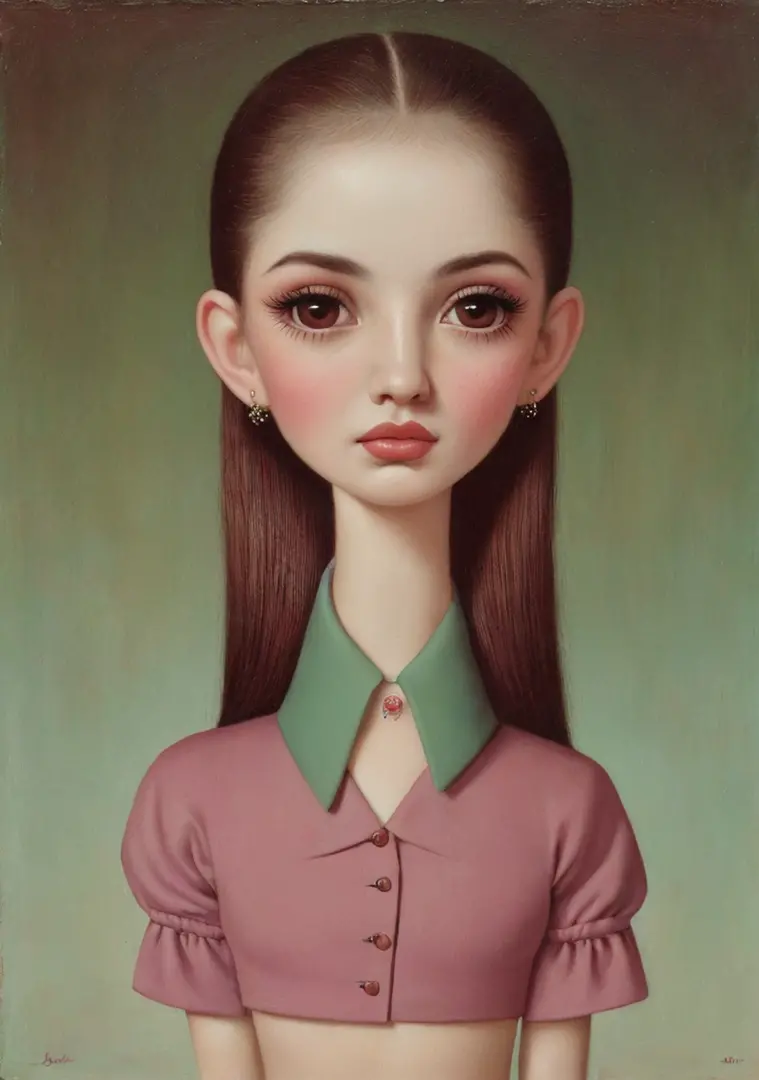 pintura de una mujer fea con las cejas muy gordas y peludas, estilo Mark Ryden, desnuda