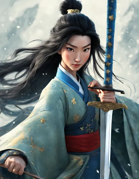3D rendering of (Close-up of Mulan and the sword), （Very long sword），（Wielding a sword），（sword：1.2），（A sword that glows with cold light），（A sword with a dragon pattern），The surface of the sword is as smooth as a mirror，Cold light flashes，The hilt of the sw...