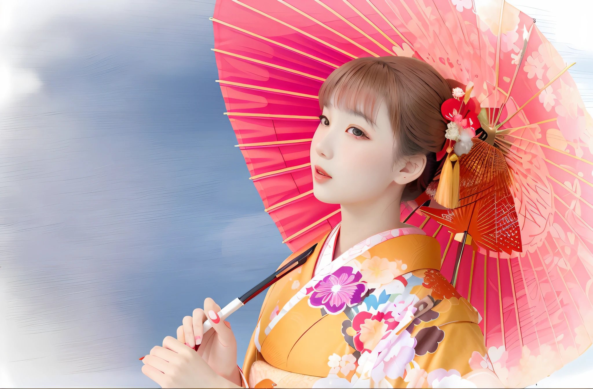 boca aberta、There is a woman em um quimono holding a red umbrella, em um quimono, vestindo quimono real, quimono, em um quimono, vestindo quimono, quimono japonês, vestindo um quimono, quimono vermelho, Um estilo japonês, quimono claro e colorido,((grandes olhos lindos)),lábios abertos, retrato de foto de gueixa, shikami, roupão de banho, Sakimichan, Ayaka, japonês tradicional