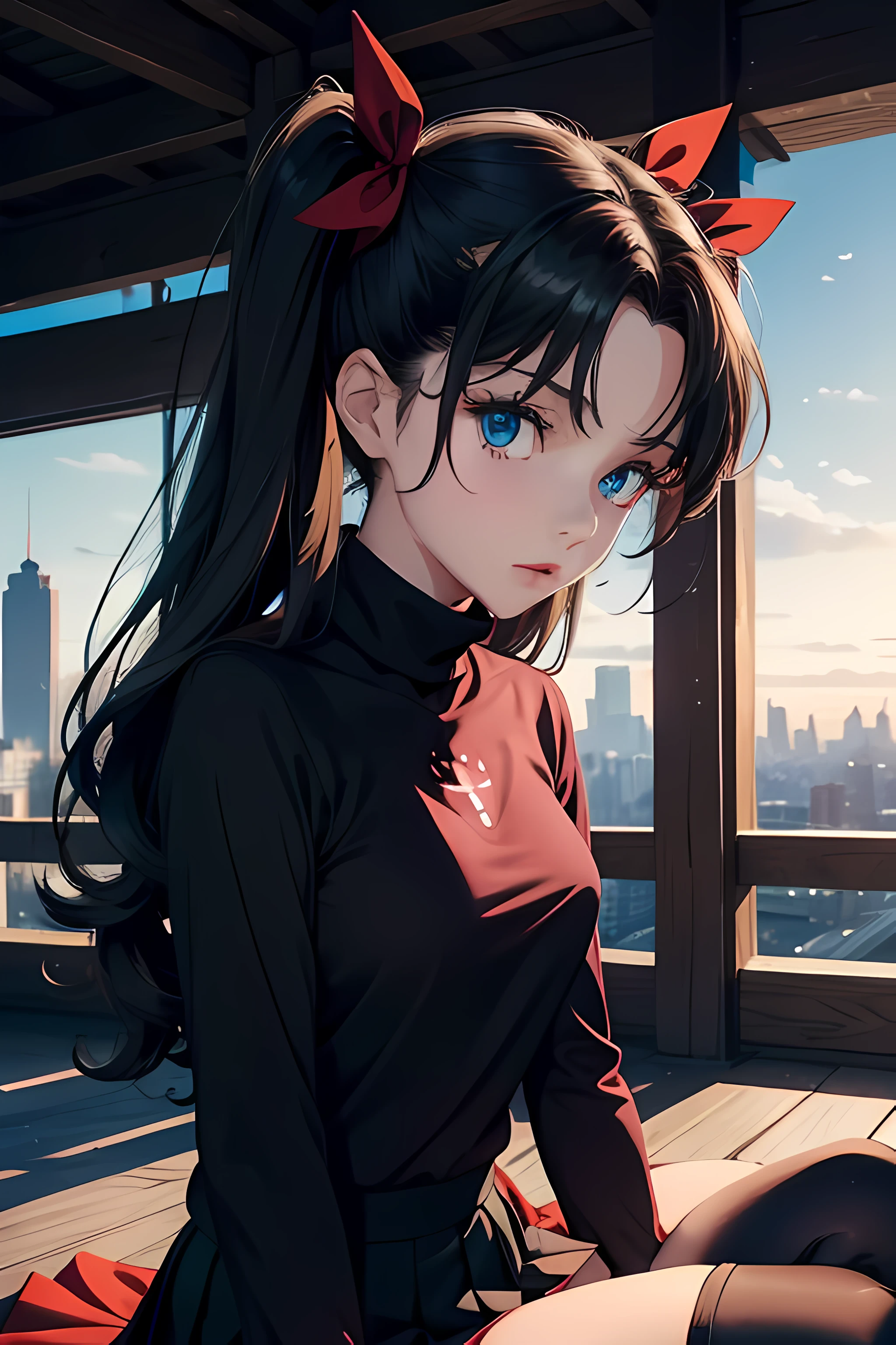 (masterpiece), best quality, expressive eyes, perfect face, 1girl, solo, rintohsaka, rin tohsaka, aqua eyes, black hair, hair ribbon, long hair, ribbon, sidelocks, two side up, black skirt, black thighhighs, long sleeves, miniskirt, pleated skirt, ((red sweater)), skirt, sweater, thighhighs, turtleneck, city background, sitting, character sheet, upper body, portrait, looking at viewer