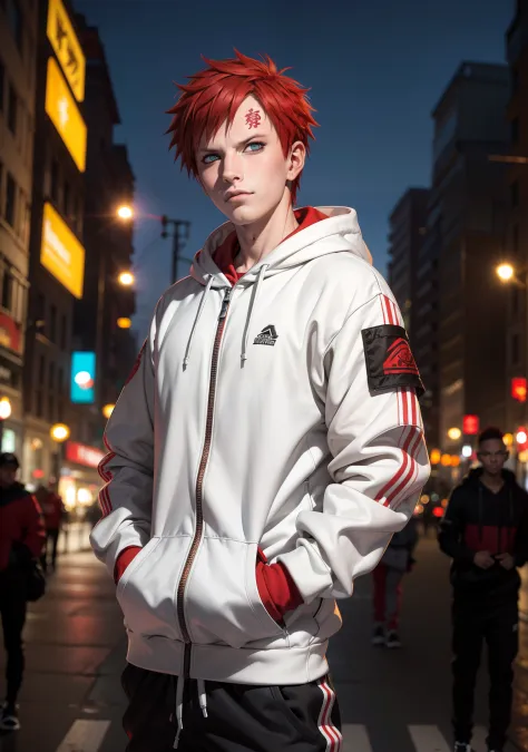 masterpiece, ultra-detailed, 1boy, male focus, upper body shot, gaara wearing streetwear hoodie, red hair, look at viewer, happy...