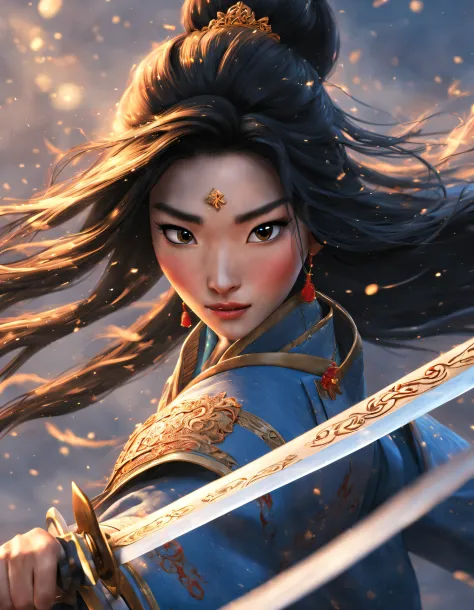 3D rendering of (Mulan and the sword are large close-ups), （A very long sword，Shining with cold light），（A sword with a dragon pattern），The surface of the sword is as smooth as a mirror，Cold light flashes，The hilt of the sword is inlaid with precious jade a...