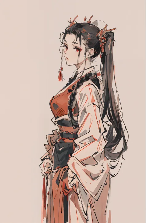 （tmasterpiece），（（A high resolution））， （ （（top-quality））， （（super-fine））， （（Ultra Fine CG）），A woman bows，Mature faces，From the side Side，Fire red clothes：1.2），（Small belt：1.3）, Delicate hairpins，Double up braid, double tails，Bare with thighs，（boobgasm：2），as...