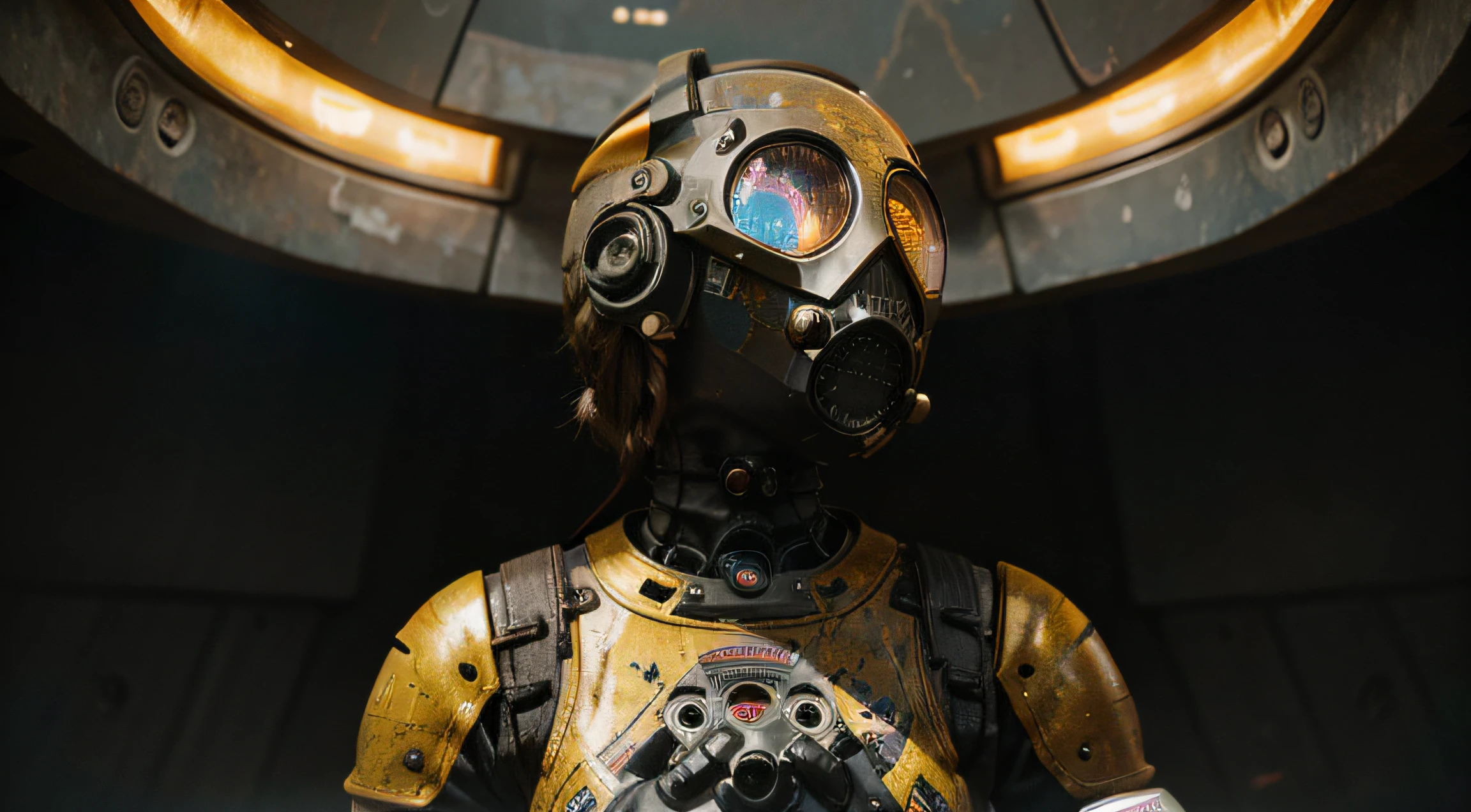 A Robot Girl with helmet gas mask, the Rocketeer style, tongs in hands, Tv head, pinhead, Black and Yellow Pink Cyan Rusty, Ambient in a meteorite crater super detailed, center, beautiful, soft lighting, focused on the character, 4K resolution, photorealistic rendering.