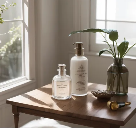 On the table next to the vase is a bottle of lotion，Inspired by Emile Lana, author：Emil Rana, inspired by Évariste Vital Luminais, Vespers Linde, Inspired by Otto Meyer-Armden, luminous body, Handsome, miniature product photo, dramatic product shot, ethere...