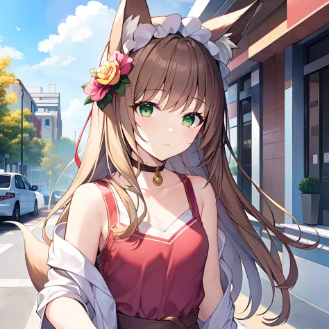 (Masterpiece, Best quality, high resolution), 1girll, Solo, Oversized fox tail，Long brown hair，Green eyes，Small flower headdress, (13-year-old junior high school student)，Modern architecture，A MILF, medium distance，civvies，On the street，