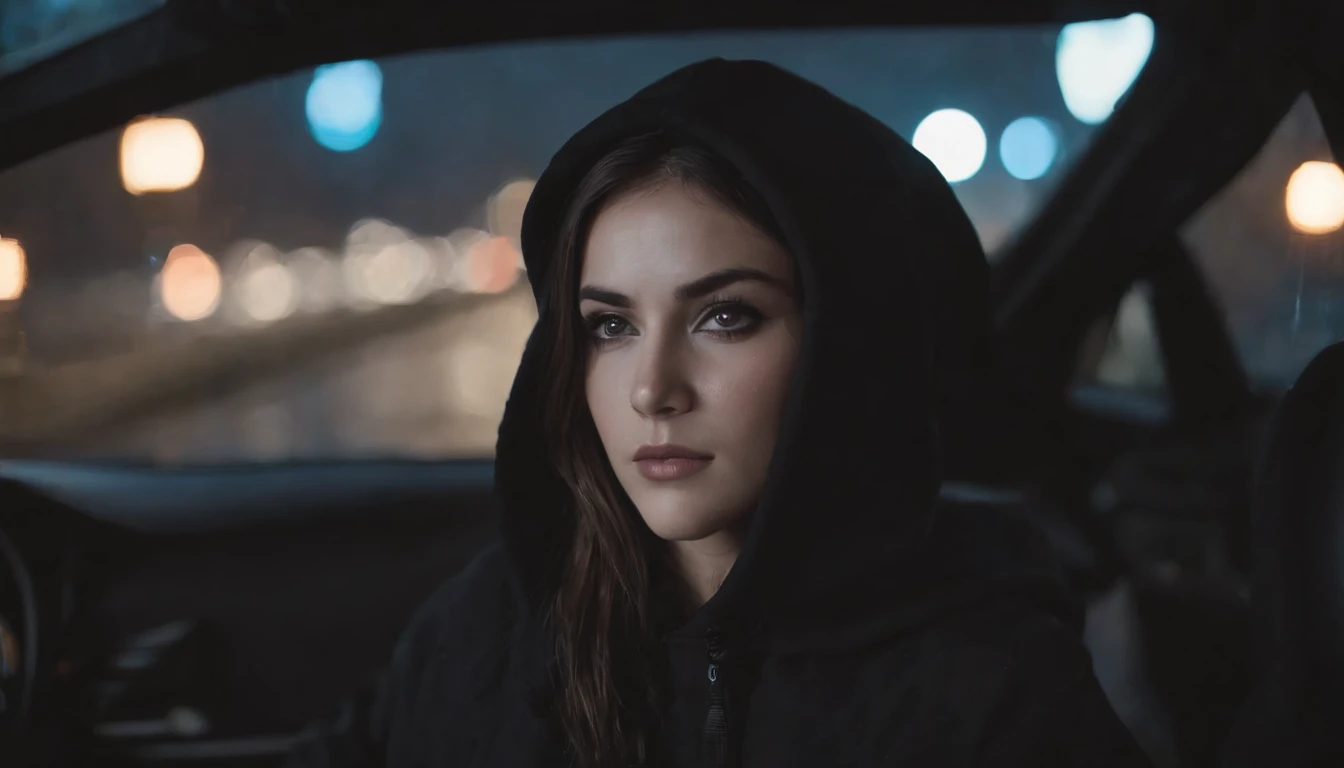 beautiful woman wearing a hoodie in a car at night, dripping make-up, sad woman, black make-up, nissan skyline, night lights, cyberpunk city lights, night sky, night drive, raining, rain, rainy night, ultra detailed, photorealistic, cinematic, masterpiece.