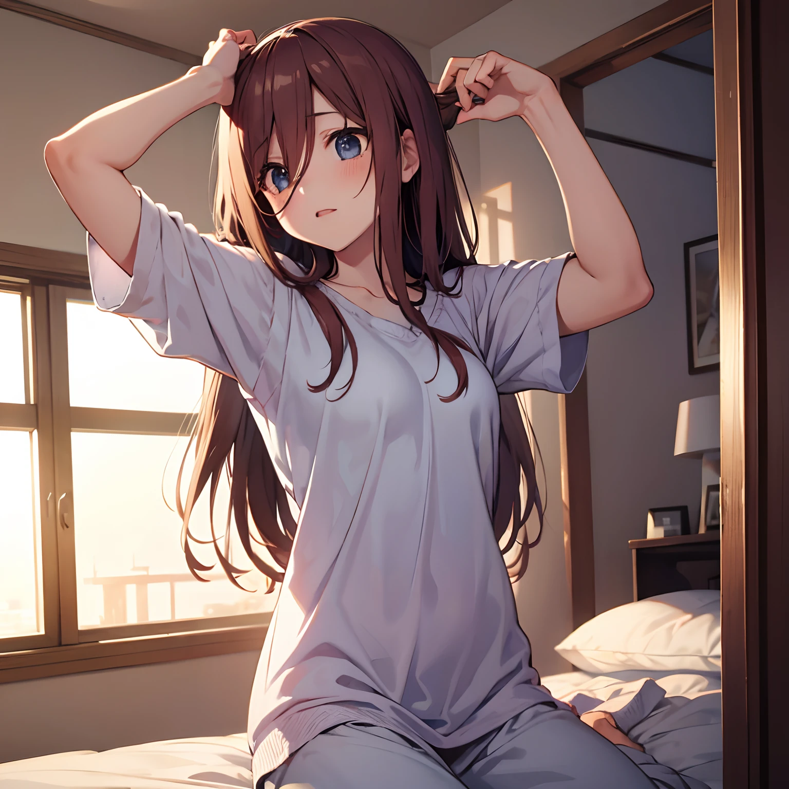 Anime girl sitting on a bed with her hands on her head - SeaArt AI