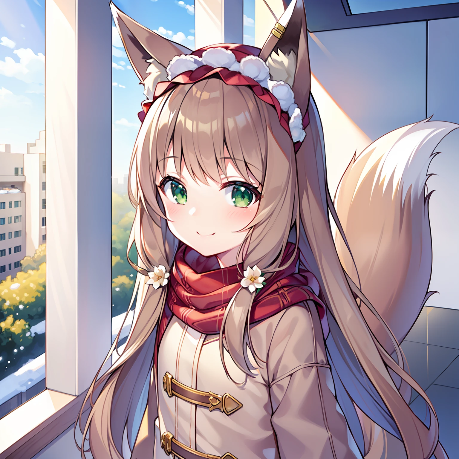 Masterpiece, Best quality, high resolution, 1girll, Solo, Oversized fox tail，(Long brown hair)，Green eyes，Small flower headdress, (9 years old_Cute loli)，Modern architecture，A MILF，Winter clothing，ssmile，From a positive perspective，